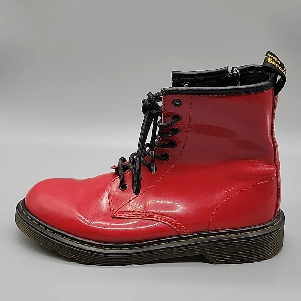 Doc Martens Red Patent Leather Boots Combat Boots - Picture 7 of 11